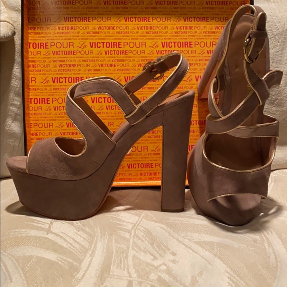 Hi platform mushroom suede sandals with gold trim